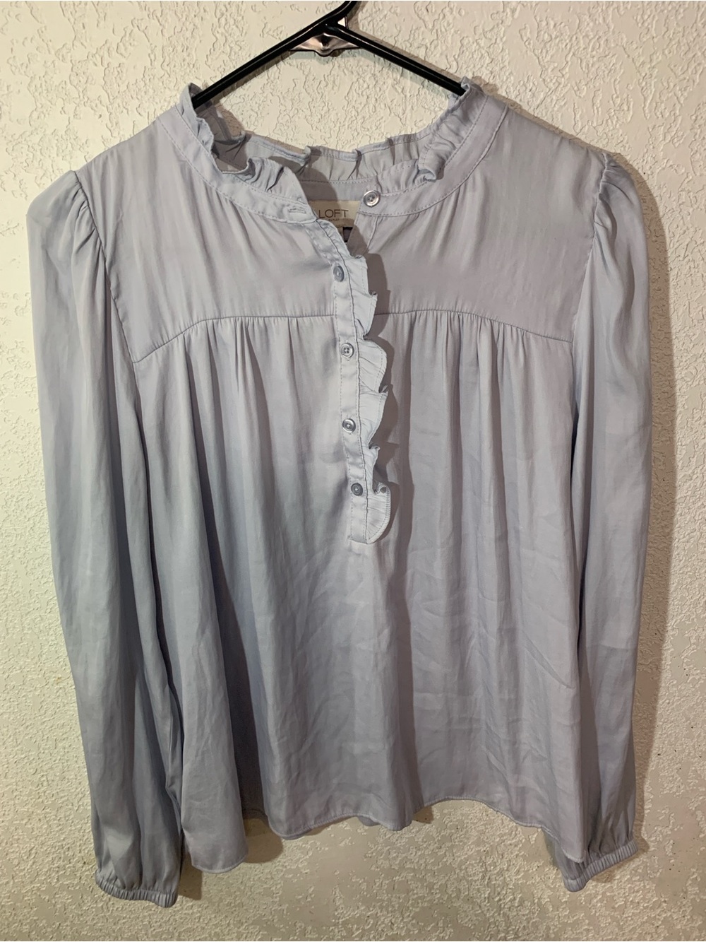 LOFT Pale Blue Ruffle-Front Long Sleeve Blouse